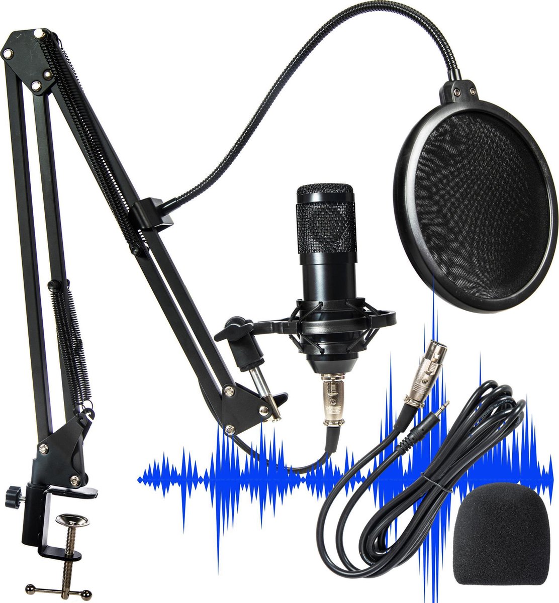 Microfoon voor PC & Laptop met USB Plug & Play- Incl. Microfoonarm- Studiomicrofoon met shockmount & popfilter- Gaming, Streaming & Podcast- Incl. Tripod & Plopkap