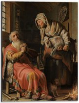 Dibond - Oude meesters - Tobit en Anna met het bokje, Rembrandt van Rijn, 1626 - 30x40cm Foto op Aluminium (Met Ophangsysteem)