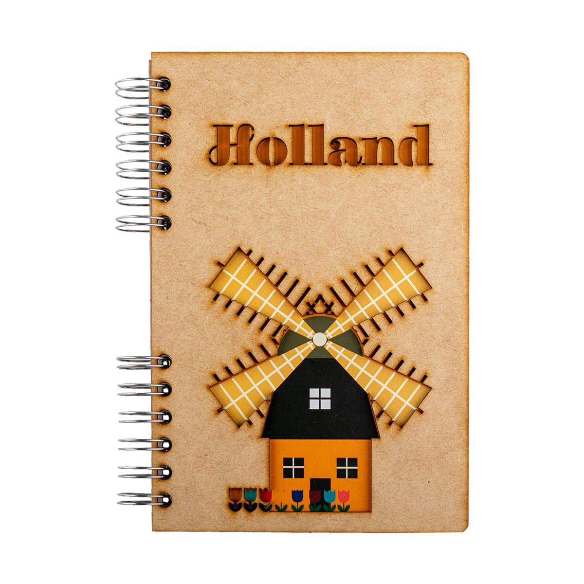 KOMONI - Duurzaam houten Notitieboek - Dagboek - Gerecycled papier - Navulbaar - A6 - Gelinieerd - Holland Molen