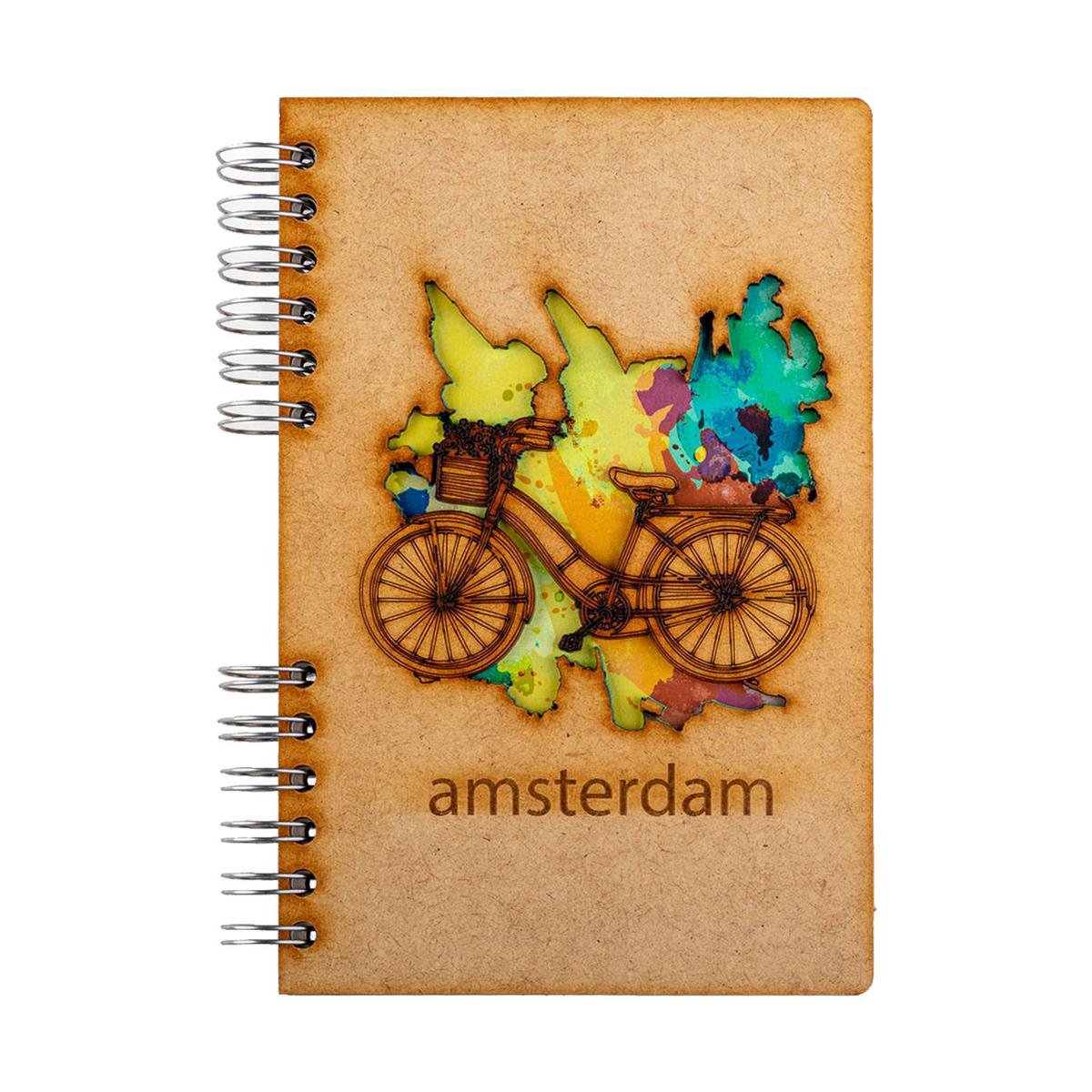 KOMONI - Duurzaam houten Notitieboek - Dagboek - Gerecycled papier - Navulbaar - A6 - Gelinieerd - Amsterdam Fiets