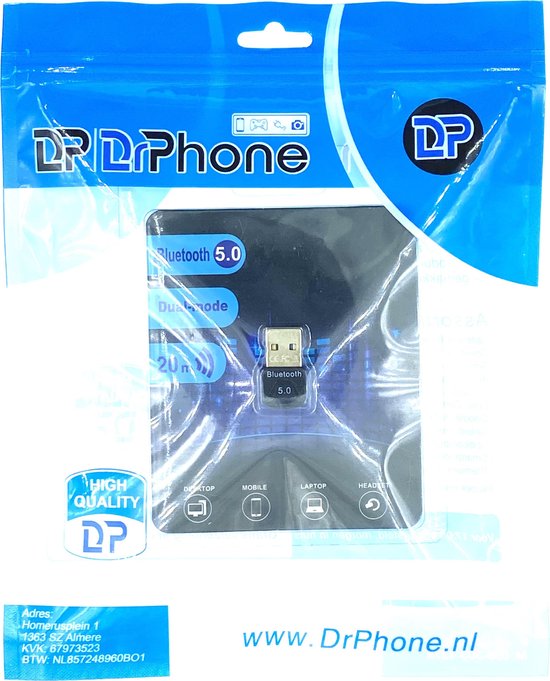 DrPhone B8 - Bluetooth 5.0 Dongle - Windows Adapter Desktop PC / Laptop - BT5.0 + EDR - Dual Modus - 2 Apparaten - 20 Meter Afstand - DrPhone