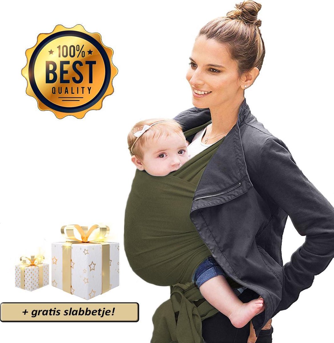 Ergonomische Rekbare Baby Draagdoek Van Katoen Om Te Knopen - Groen - Babywrap - Draagdoeken - Babydrager - Buikdrager – Rugdrager – Heupdrager - Baby sling – Baby Carrier – Draagzak - Baby Wrap Sling - Draagdoek – Incl Handleiding - Gratis slabbetje