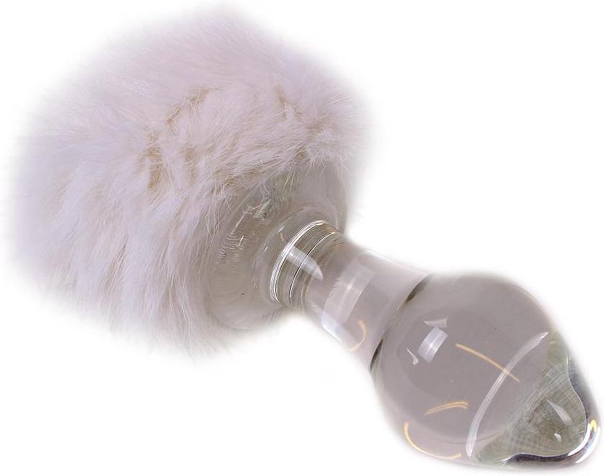 Glazen buttplug met witte konijnenstaart