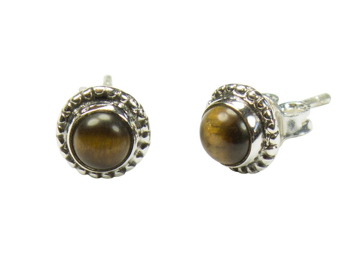Zilveren knop oorbellen Tijgeroog 925 zilver