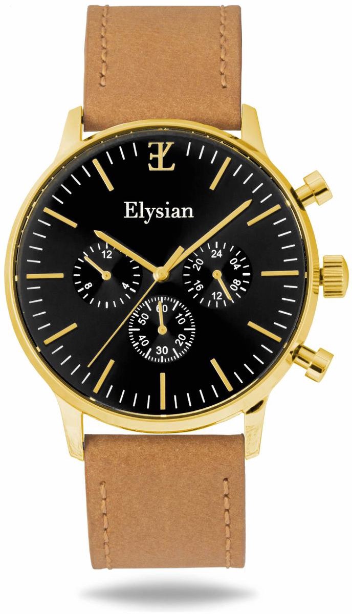 Elysian - Horloge Heren - Goud - Vintage Leer - Waterdicht - Krasvrij Saffier - 43mm