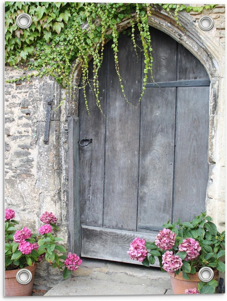 Tuinposter – Grijze Voordeur met Bloemen - 30x40cm Foto op Tuinposter (wanddecoratie voor
