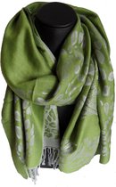 Sjaal, damessjaal, sjaaltje van pashmina kleuren groen grijs lengte 180 cm breedte 70 cm versierd met franjes.