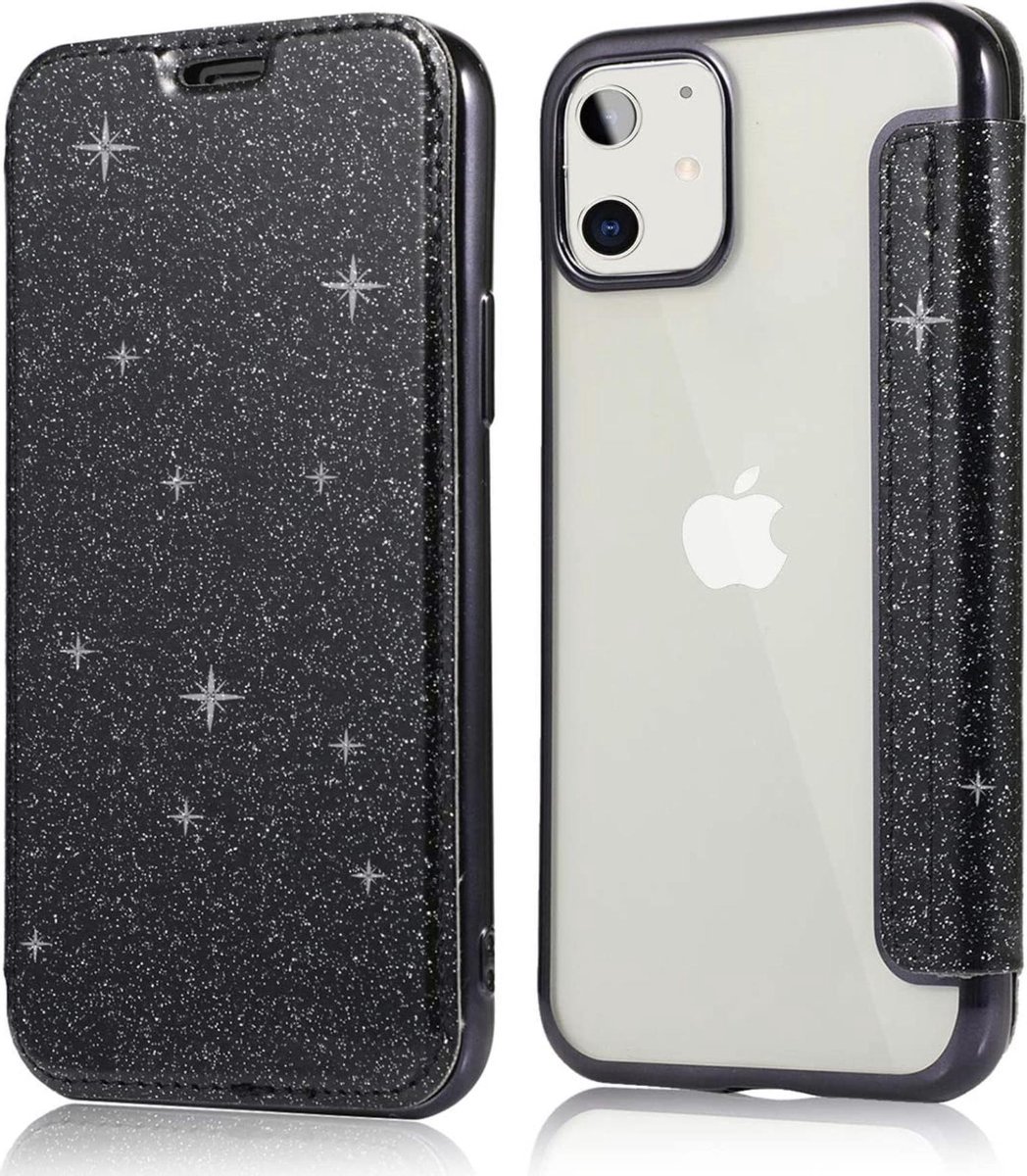Geschikt voor Apple iPhone 11 Flip Case - Zwart - Glitter - PU leer - Soft TPU - Folio