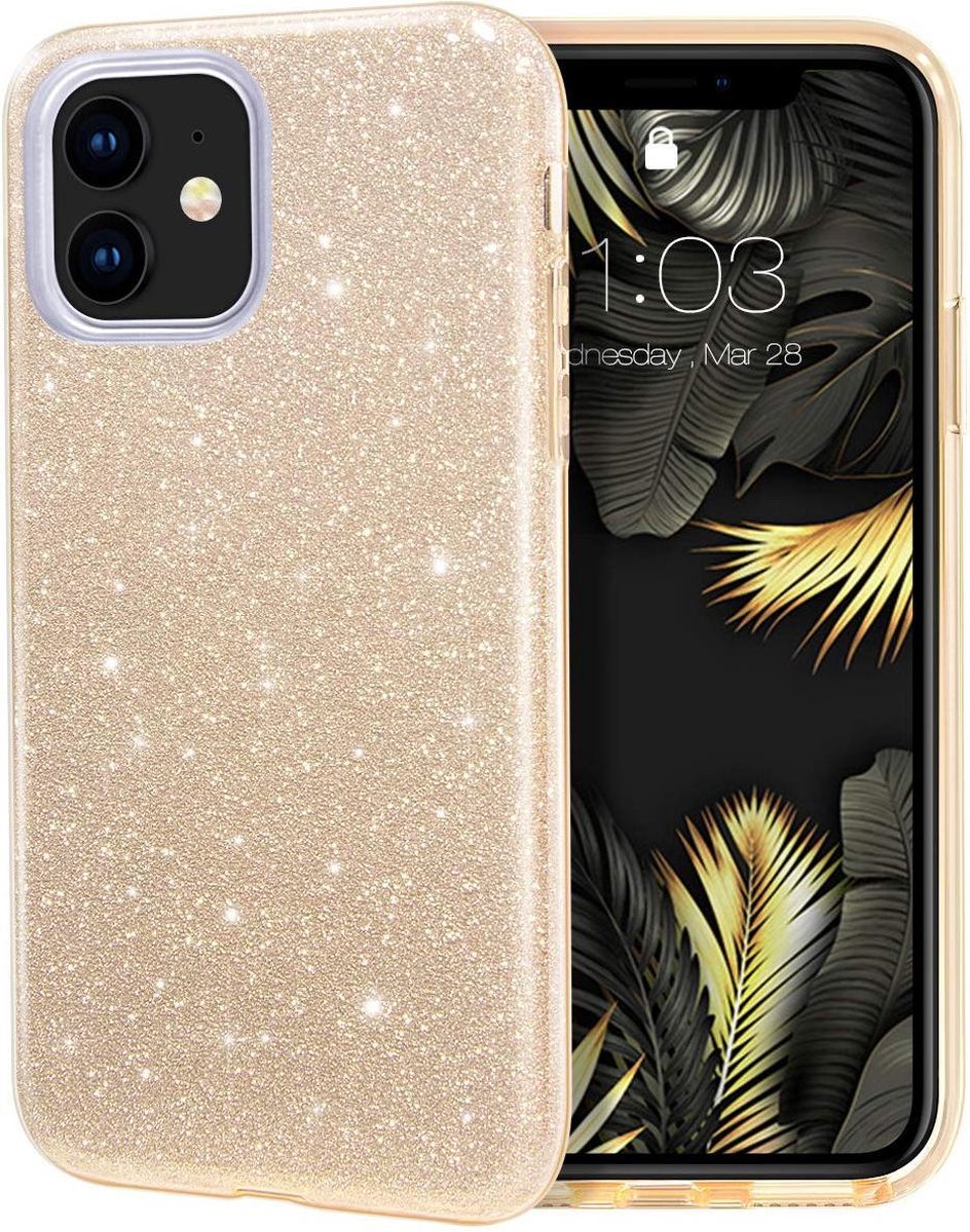 HB Hoesje Geschikt voor Apple iPhone 12 Mini - Goud - Glitter Back Cover