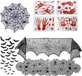 Halloween decoratie - Tafelkleed x 3 stuks - 3D vleermuizen stickers x 48 stuks - bloederige stickers 2 x Vellen