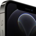 Hoek van een zwarte iPhone 12 Pro. Zijkant met knoppen en scherm met wallpaper.