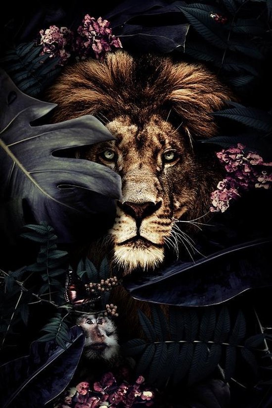 WallQ Midnight Jungle Lion | Poster op Plexiglas  | Wanddecoratie | Muur foto | 60x90 cm