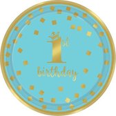 Kartonnen Bordjes 1st Birthday Blauw/Goud 18 cm  (8st) verjaardag 1 jaar