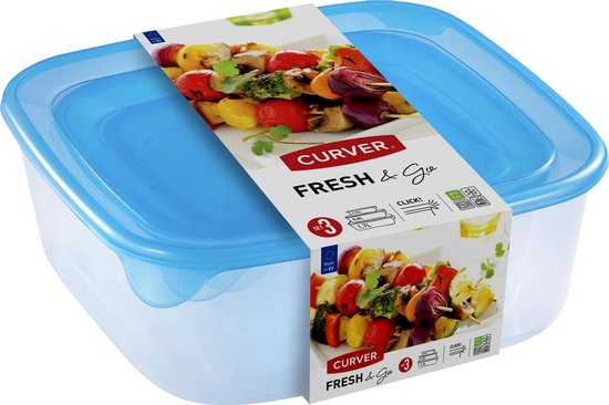 Curver Fresh&Go Opbergpotjes, 3 x 1,2 liter, transparant/oceaanblauw, 35 x 25 x 10 cm