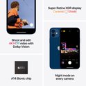 IPhone 12 in het blauw met de tekst 'Shoot and edit 4K HDR video with Dolby Vision' en 'Night mode on every camera'. Toont ook de A14 Bionic chip.