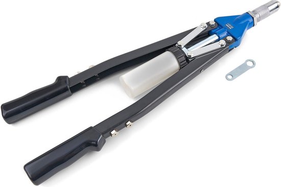 Zwarte popnageltang met blauw voorstuk en witte container. Inclusief een klein metalen sleuteltje.