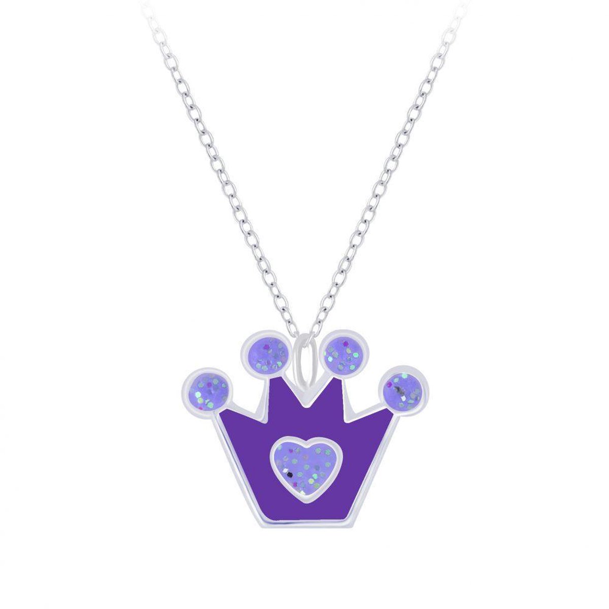 WeLoveSilver - zilveren kinderketting - kroontje - paarse glitters