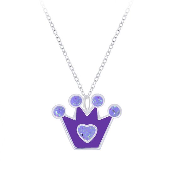 Zilveren kinder ketting met een paars kroontje en glitter hartje.