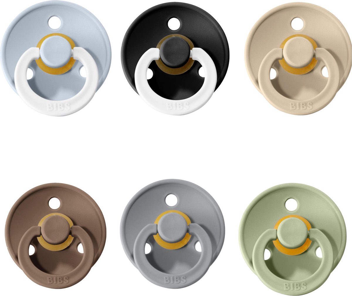 Bibs fopspeen 6-18 maanden|Set 6 stuks| Glow in the dark; Sage, Black, Cloud, Baby Blue, Dark oak, V