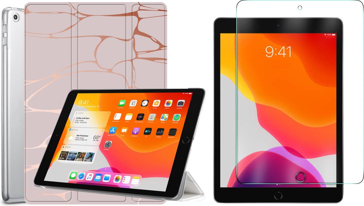 Hoes + Screenprotector geschikt voor iPad 2022 / 2021 / 2020 10.2 Inch - Trifold Hoesje Tablethoes Case Marmer Roze