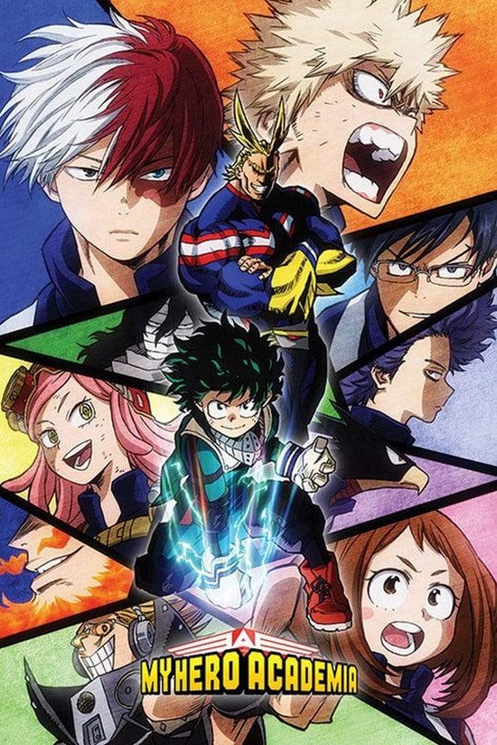 Mosaïque de personnages de My Hero Academia, avec Deku au centre, entouré de Todoroki, Bakugo, All Might, Iida, Uraraka, Ashido et Tokoyami.