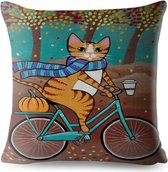 Kussenhoes kat op een fiets. Grappige kat kussensloop/kussenhoes 45x45