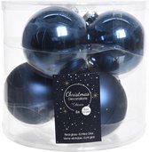 6x Donkerblauwe glazen kerstballen 8 cm - glans en mat - Glans/glanzende - Kerstboomversiering donkerblauw