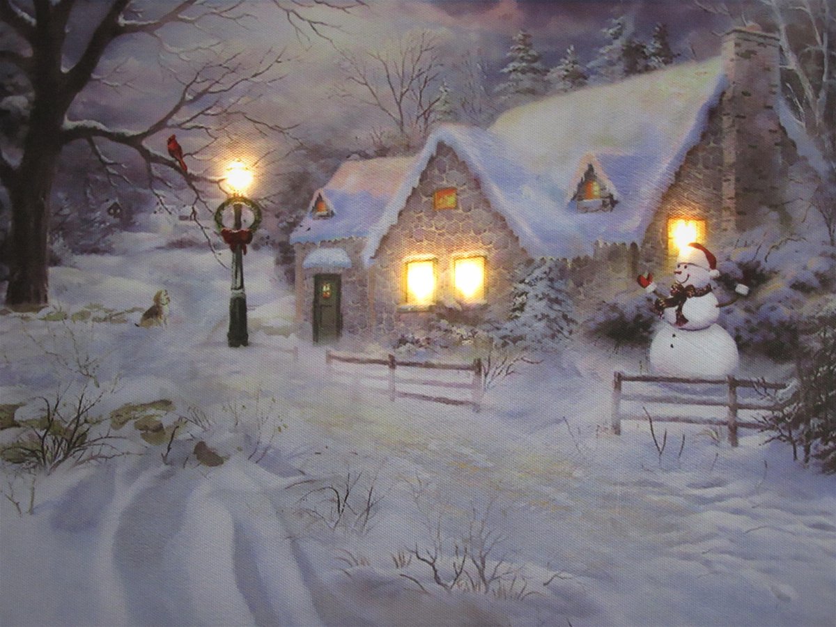 Schilderij met led verlichting - Canvas op houten frame - Huisje met  sneeuwpop - 40 x... | bol.com