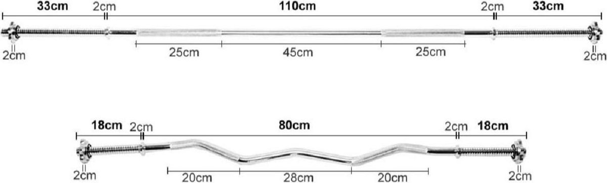 Halterstangen Set RECHT 180cm + Halterstang Curl 120 cm – 2-delige Gewichtenstangen Set (ex. Gewichten)