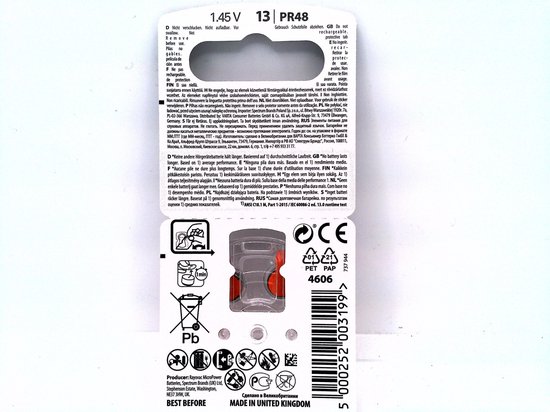 Achterkant van Rayovac 13 gehoorapparaatbatterijen pakking met productinformatie en CE-markering