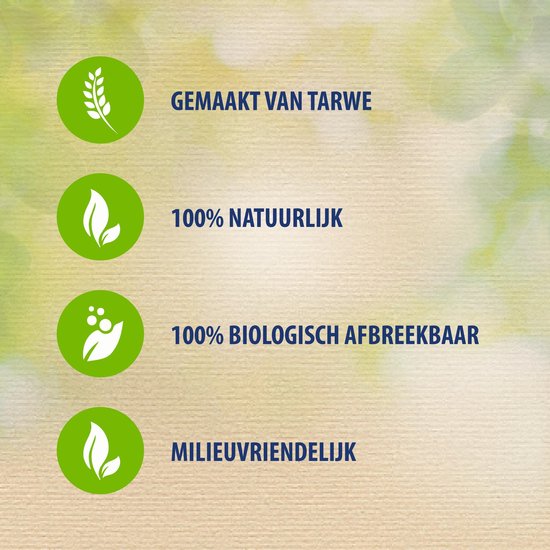 Iconen: Gemaakt van tarwe, 100% natuurlijk, 100% biologisch afbreekbaar, milieuvriendelijk.