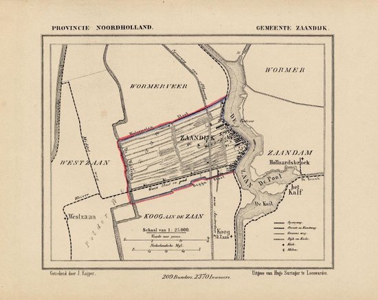 Foto: Historische kaart plattegrond van gemeente zaandijk in noord holland uit 1867 door kuyper van kaartcadeau com