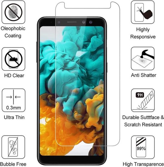 Gedetailleerde infographic van een glazen schermprotector met functies als oleofobe coating, HD helder, ultradun, anti-shatter en 9H krasbestendig.