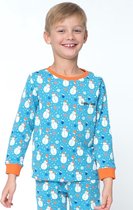 Happy Snooz - Vrolijke pyjama jongens en meisjes - leuke sneeuwvlokken en sneeuwpoppen prints - blauw met oranje, katoen, maat: 122/128 (6-8 jaar)