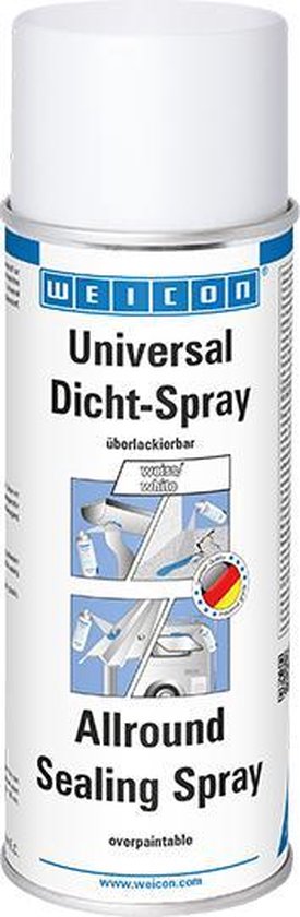 Witte spuitbus van Weicon met blauwe en witte etiketten. Tekst: 'Universal Dicht-Spray Allround Sealing Spray white'.