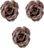 6x Oud roze roos met glitters op clip 7 cm - kerstversiering