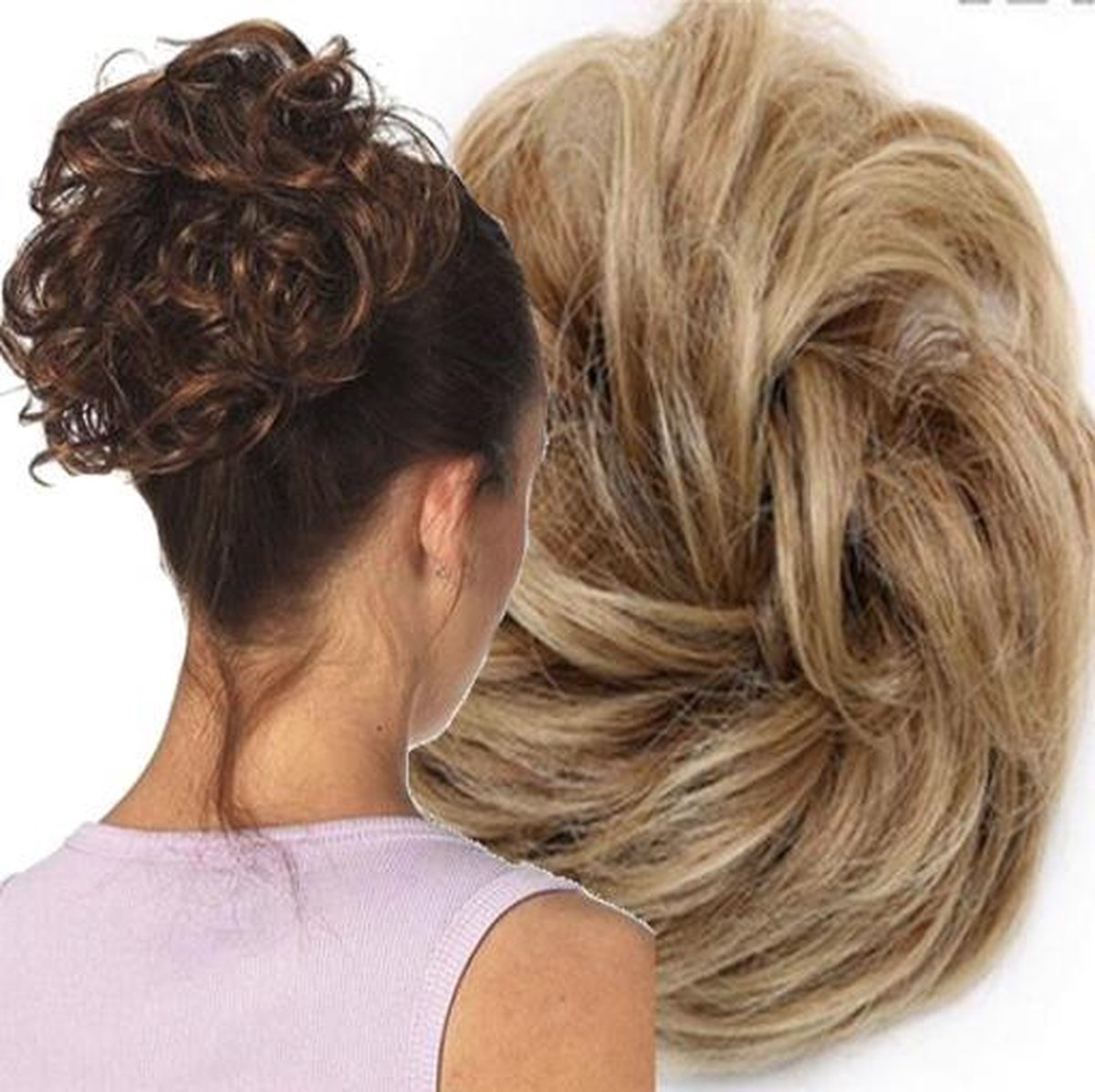 Messy Hair Bun | Curly Haar Wrap Extension Bruin | Licht Zand Bruin | Inclusief Luxe Bewaarzakje.*