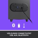 Achterkant van de Logitech subwoofer met USB, AUX en Bluetooth connectiviteitsopties.