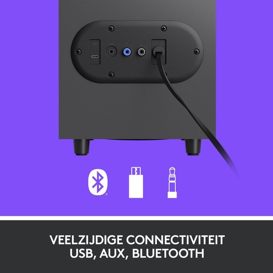 Achterkant van de Logitech subwoofer met USB, AUX en Bluetooth connectiviteitsopties.