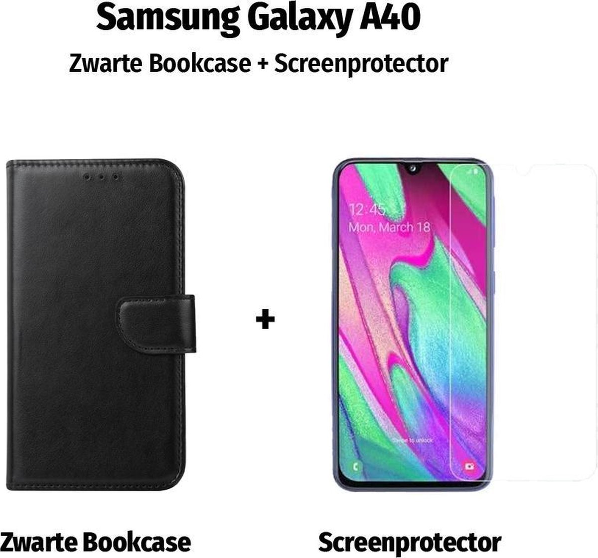 Samsung A40 Hoesje Bookcase Zwart + Screenprotector / Gehard Glas