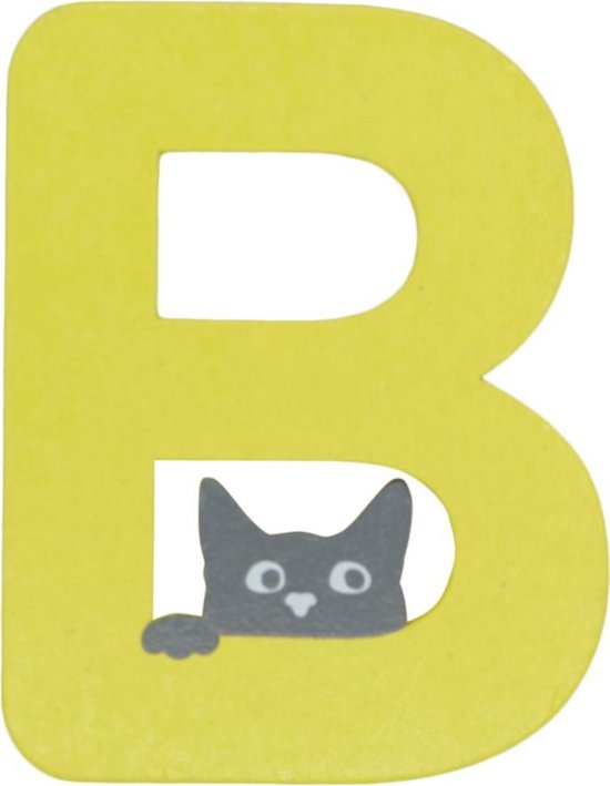 Houten Letter B Geel met Kat | 9 cm