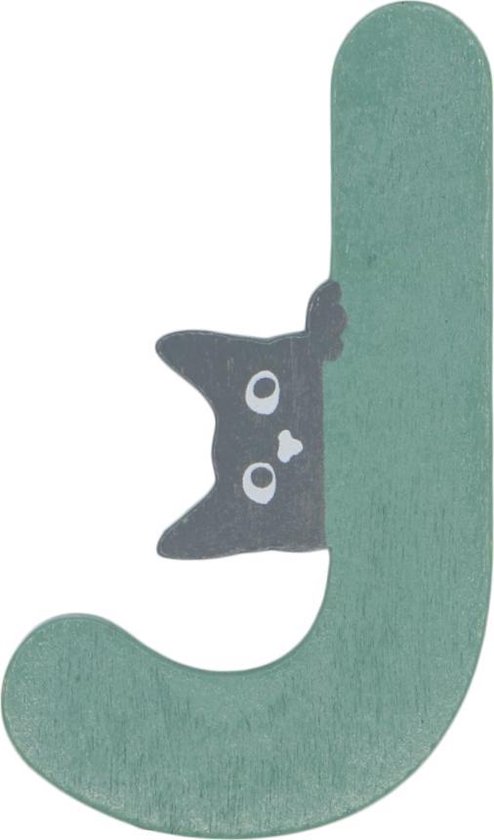 Houten Letter J Groen met Kat | 9 cm