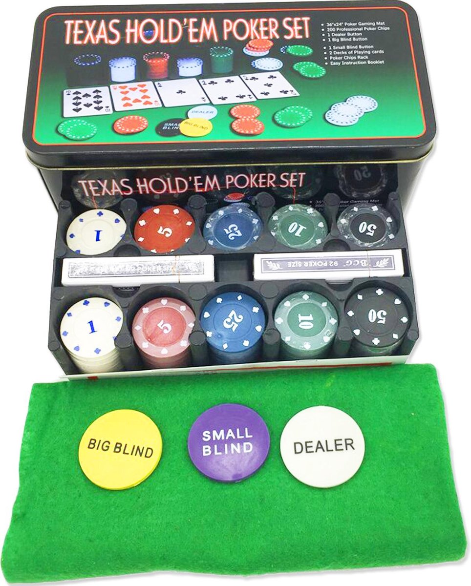 astronaut Activeren Houden Texas Hold Em Poker / Blackjack Set - 200 Chips, Speelkleed, Kaarten |  bol.com