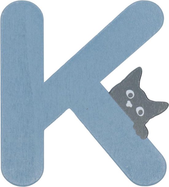 Houten Letter K Blauw met Kat | 9 cm