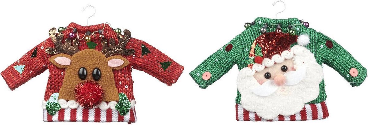 Viv! Christmas Kerstornament - Gebreide kersttruien - Kerstman en rendier - set van 2 - rood groen - groot - 21cm