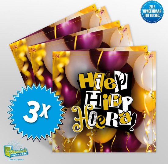3x Muziekwenskaart - Hiep hiep hoera – zelf opneembaar – 60 seconden – 21x21cm – hoge kwaliteit – inclusief envelop