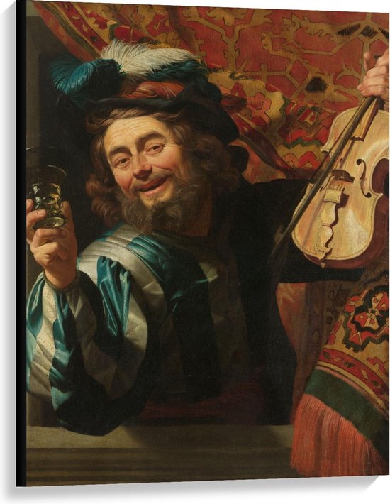 Canvas  - Oude meesters - Een vrolijke vioolspeler, Gerard van Honthorst, 1623 - 75x100cm Foto op Canvas Schilderij (Wanddecoratie op Canvas)