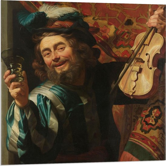 Acrylglas - Oude meesters - Een vrolijke vioolspeler, Gerard van Honthorst, 1623 - 80x80cm Foto op Acrylglas (Met Ophangsysteem)