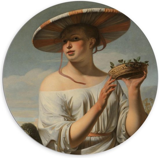 Dibond Wandcirkel - Oude meesters - Meisje met brede hoed, Caesar Boëtius van Everdingen - 100x100cm Foto op Aluminium Wandcirkel (met ophangsysteem)