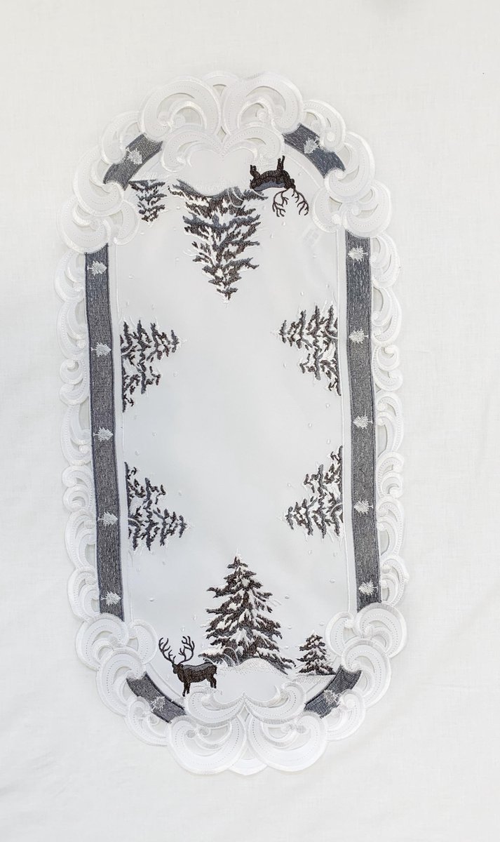 Kerst-tafelkleed Linnenlook Wit met Rendier en Kerstboom - Loper 90 cm